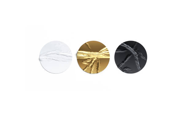 Blank black, white and gold crumpled sticker mockup set, isolated