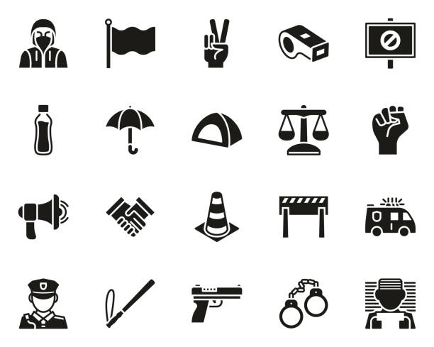 Peaceful Protest Or Demonstration Icons Black & White Set Big This image is a vector illustration and can be scaled to any size without loss of resolution. police tear gas stock illustrations