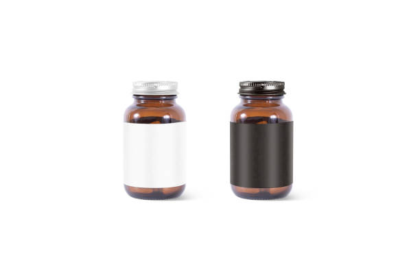Blank Amber Glass Pill Can With Black White Label Mockup Stock