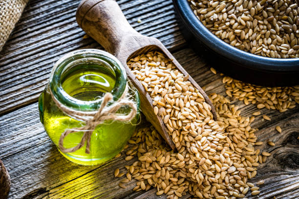 istock Healthy eating: Flax seed oil and flax seeds 1194305261