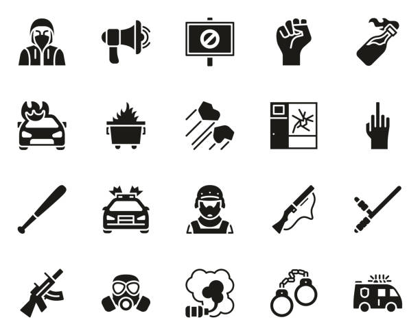 Riot or Public Disturbance Icons Black White Set Big This image is a vector illustration and can be scaled to any size without loss of resolution. riot tear gas stock illustrations