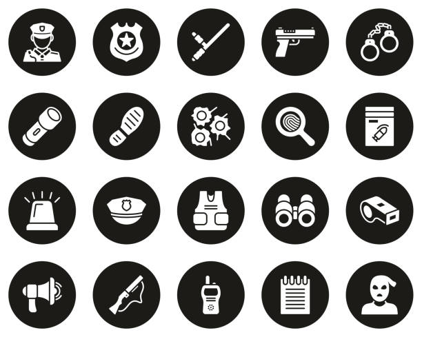 policja lub detektyw ikony biały na czarny krąg zestaw duży - crime flashlight detective symbol stock illustrations