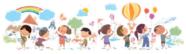 かわいい子供たちが壁に絵や図面 - balloon child people color image点のイラスト素材／クリップアート素材／マンガ素材／アイコン素材