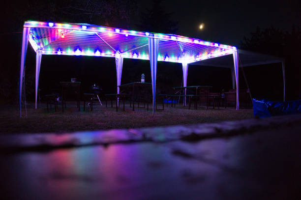 a party tent at night in the summer