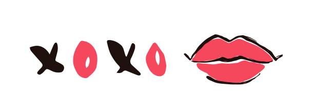 istock Red lips XOXO hugs and kisses hand drawn with ink paint brush 1194307770
