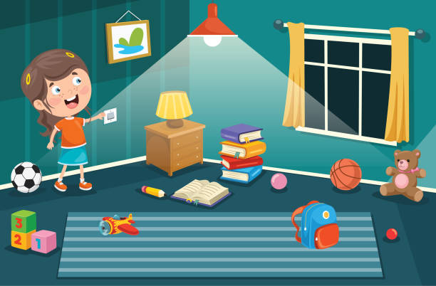 ilustraciones, imágenes clip art, dibujos animados e iconos de stock de encendiendo la luz en una habitación oscura - house home interior small human hand