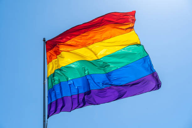 istock Rainbow gay pride flag on a blue sky 1194307952