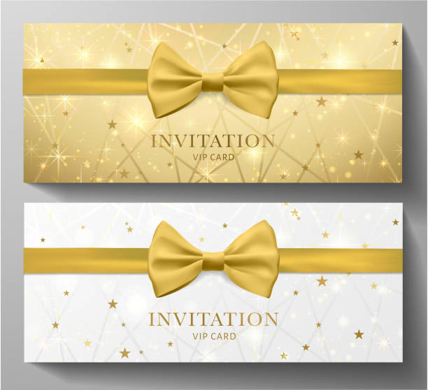 istock Golden Invitation template with gold bow tie (ribbon), lines, stars on golden background 1194309632