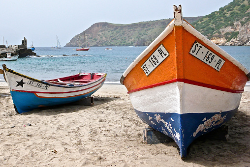 Tarrafal, Santiago / Cape Verde - 12. November, 2015: colorful wooden fishing boats on the beach of Tarrafal in Cape Verde