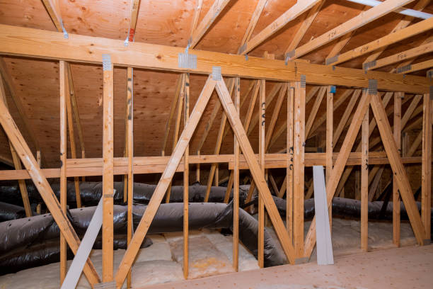 istock Air ventilation pipes in silver insulation material on the attic 1194311605