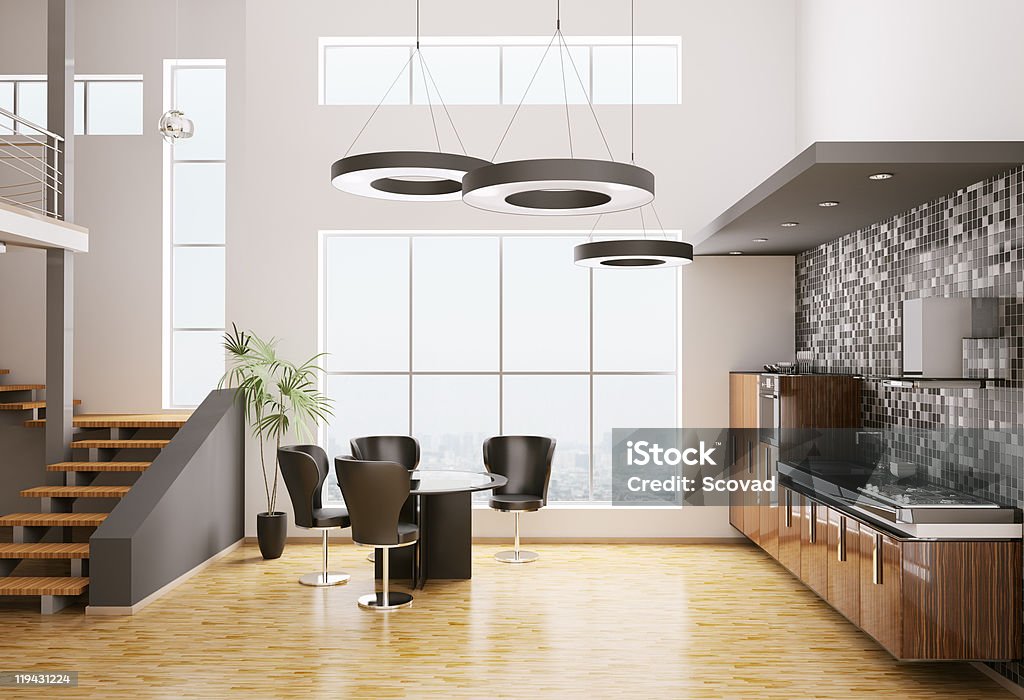 Interior da cozinha moderna 3d - Foto de stock de Apartamento royalty-free