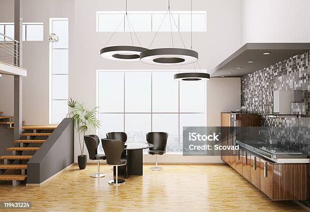 Foto de Interior Da Cozinha Moderna 3d e mais fotos de stock de Apartamento - Apartamento, Apartamento Tipo Loft, Azulejo