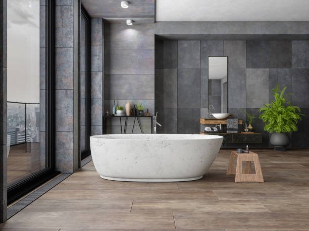 badezimmer in neuem luxushaus - stone contemporary house luxury stock-fotos und bilder