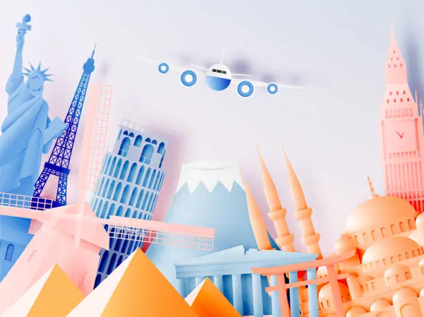 Vector illustration of Various travel attractions in paper art style