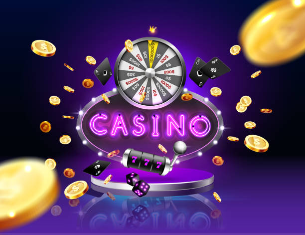 słowo kasyno, otoczone świetlistą ramką i atrybutami hazardu, na tle eksplozji. - gambling dice casino backgrounds stock illustrations