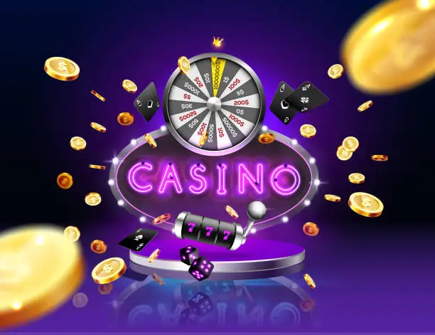 Vector illustration of The word Casino, surrounded by a luminous frame and attributes of gambling, on a explosion background.