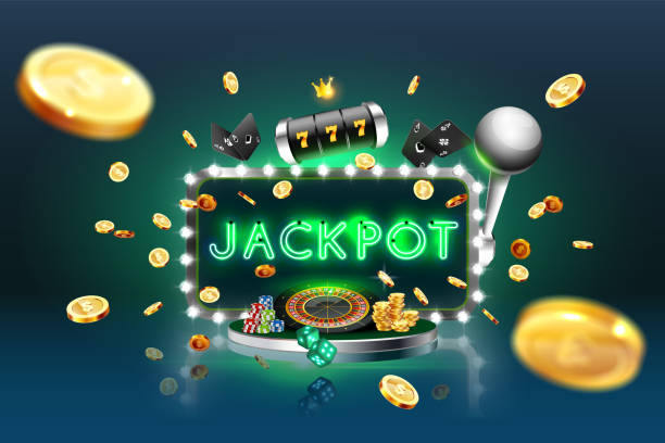 Neon advertising sign jackpot with casino elaments A neon banner is a jackpot surrounded by casino attributes: roulette, playing cards, slot machine, against the background of spotlights and an explosion of gold coins. Vector illustration 1528 stock illustrations