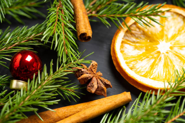 istock Christmas decorations with pine branches, spices and christmas balls 1194316384