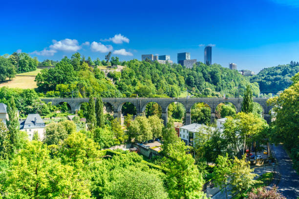 Luxembourg with business district in the background Train on viaduct in Luxembourg against background of European organisations buildings railway bridge photos stock pictures, royalty-free photos & images
