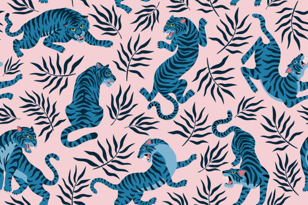 ilustrações de stock, clip art, desenhos animados e ícones de tigers and tropical leaves. trendy illustration. abstract contemporary seamless pattern. - bengal tiger