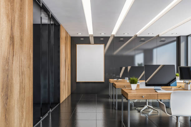 istock Gray and wooden office interior with poster 1194318447