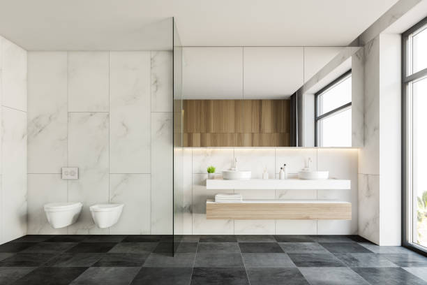 istock White marble bathroom with double sink and toilet 1194319733