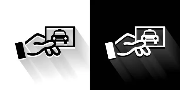 Vector illustration of Taxicab Card Black and White Icon with Long Shadow