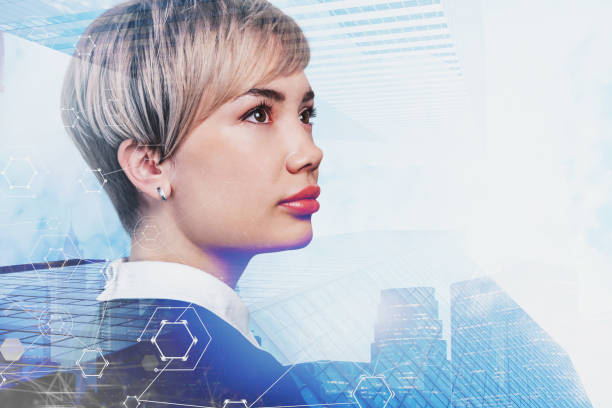 istock Businesswoman in city, network interface 1194320825