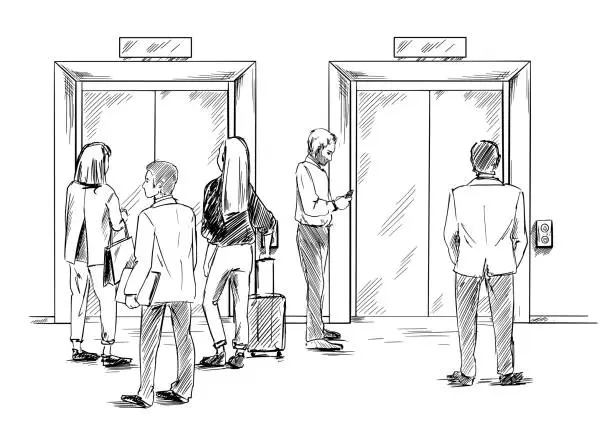 Vector illustration of Group of people are waiting for the elevator,