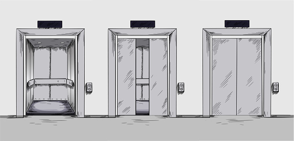 Three elevators, open, closed and semi-closed. Hand drawn full color sketch, vector illustration