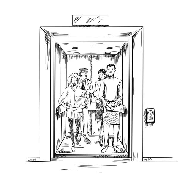 Project - Figure 1/84 Men and women in the elevator, hand drawn vector illustration hand elevator stock illustrations