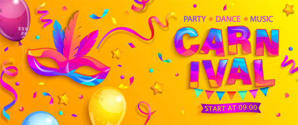 ilustrações, clipart, desenhos animados e ícones de banner para festa de carnaval: máscara, confetes, balões. - vector costume party feather