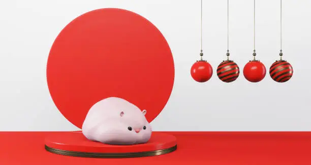 Photo of 3D rendering of 2020 Chinese New Year. Cute rat on pedestal with red circle background and gift ball,luxury minimalist mockup. Year of the rat