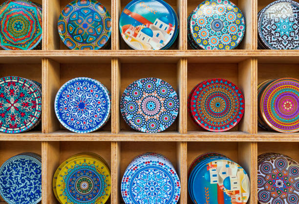 Background of Plates in Heraklion, Crete, Greece, a souvenir shop.