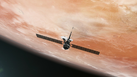 Satellite orbiting near red planet. Space mission. CG image.