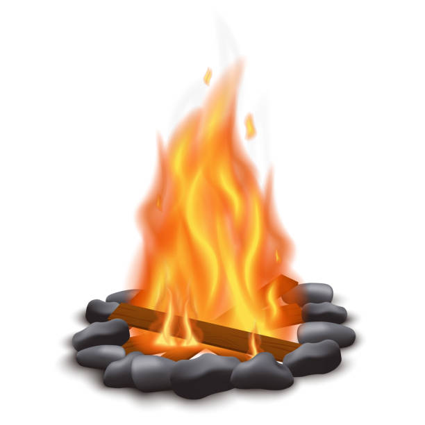 istock Realistic bonfire flame with stone footing and wood logs isolated on white background 1194330549