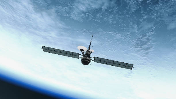 Spy Satellite orbiting Earth. NASA Public Domain Imagery GPS or Weather Satellite orbiting Earth war action stock pictures, royalty-free photos & images