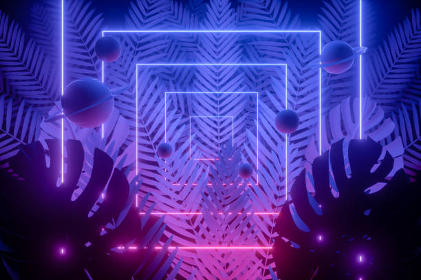 istock 3d abstract background with ultraviolet neon lights, empty frame, glowing tunnel door with palm tree 1194331203