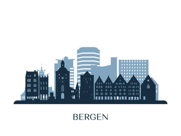 Bergen skyline, monochrome silhouette. Vector illustration. Bergen skyline, monochrome silhouette. Vector illustration. bergen stock illustrations