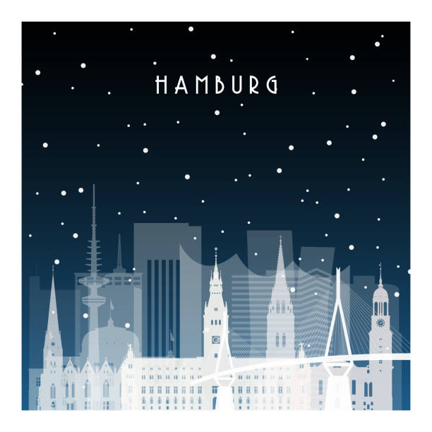 hamburg'da kış gecesi. afiş, afiş, illüstrasyon, arka plan için düz tarzda gece şehir. - hamburg stock illustrations