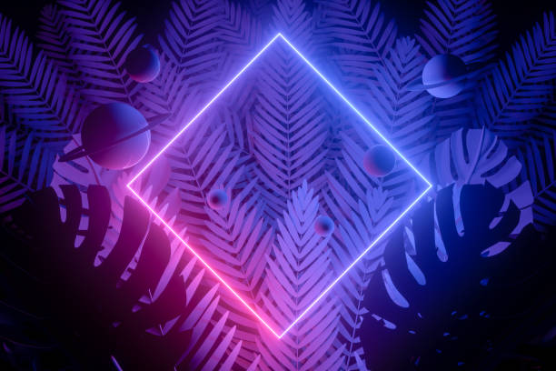 istock 3d abstract background with ultraviolet neon lights, empty frame, glowing tunnel door with palm tree 1194331422