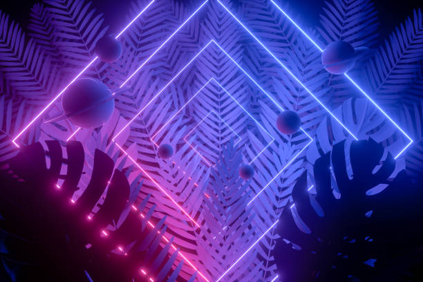 istock 3d abstract background with ultraviolet neon lights, empty frame, glowing tunnel door with palm tree 1194331584
