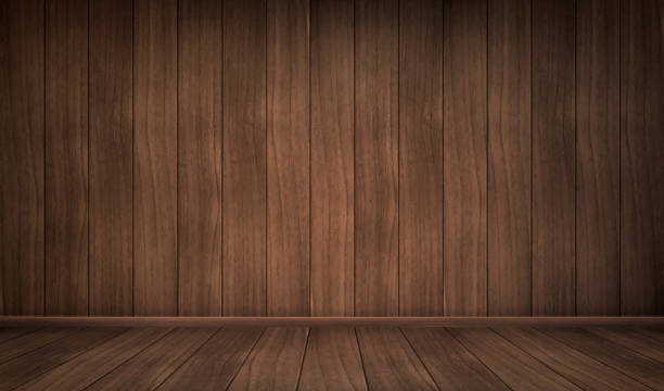 Realistic empty interior of wooden room Empty wooden room. Vector realistic interior with floor and wall of natural dark wooden boards. Vintage design of house or studio indoor dark wood texture stock illustrations