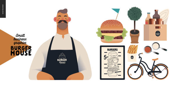 Burger house - small business graphics -owner Burger house -small business graphics - owner -modern flat vector concept illustrations of a bearded man wearing apron, cheeseburger exploded view poster, condiments, bicycle, french fries, sauce bartender illustrations stock illustrations