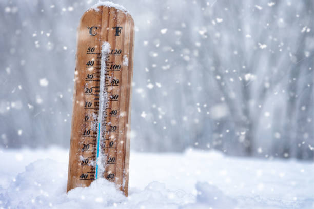 istock Wooden thermometer standing in snow outside on cold day 1194335207