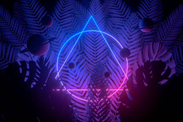 istock 3d abstract background with ultraviolet neon lights, empty frame, glowing tunnel door with palm tree 1194337567