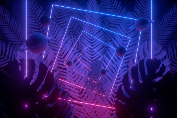 istock 3d abstract background with ultraviolet neon lights, empty frame, glowing tunnel door with palm tree 1194338134
