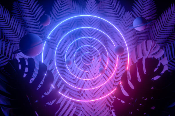 istock 3d abstract background with ultraviolet neon lights, empty frame, glowing tunnel door with palm tree 1194338280