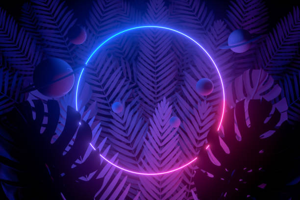 3d abstract background with ultraviolet neon lights, empty frame, glowing tunnel door with palm tree