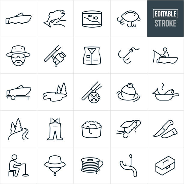 Fishing Thin Line Icons - Ediatable Stroke A set of fishing icons that include editable strokes or outlines using the EPS vector file. The icons include a fishing boat, fish, fish finder, lures, fisherman, fishing reel and rod, fishing jacket, hook, fisherman fishing, lake, fly rod, fishing bubble, fish cooking, river, chest waders, worms, fishing fly, fillet knife, ice fishing, fisherman's hat, fishing line and tackle box. fishing line illustrations stock illustrations